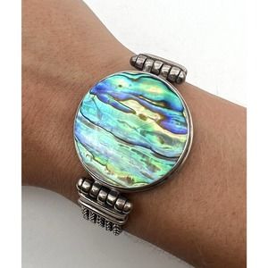 MERAN INDONESIA STERLING SILVER ABALONE STATION WHEAT CHAIN BRACELET 7.25-8”